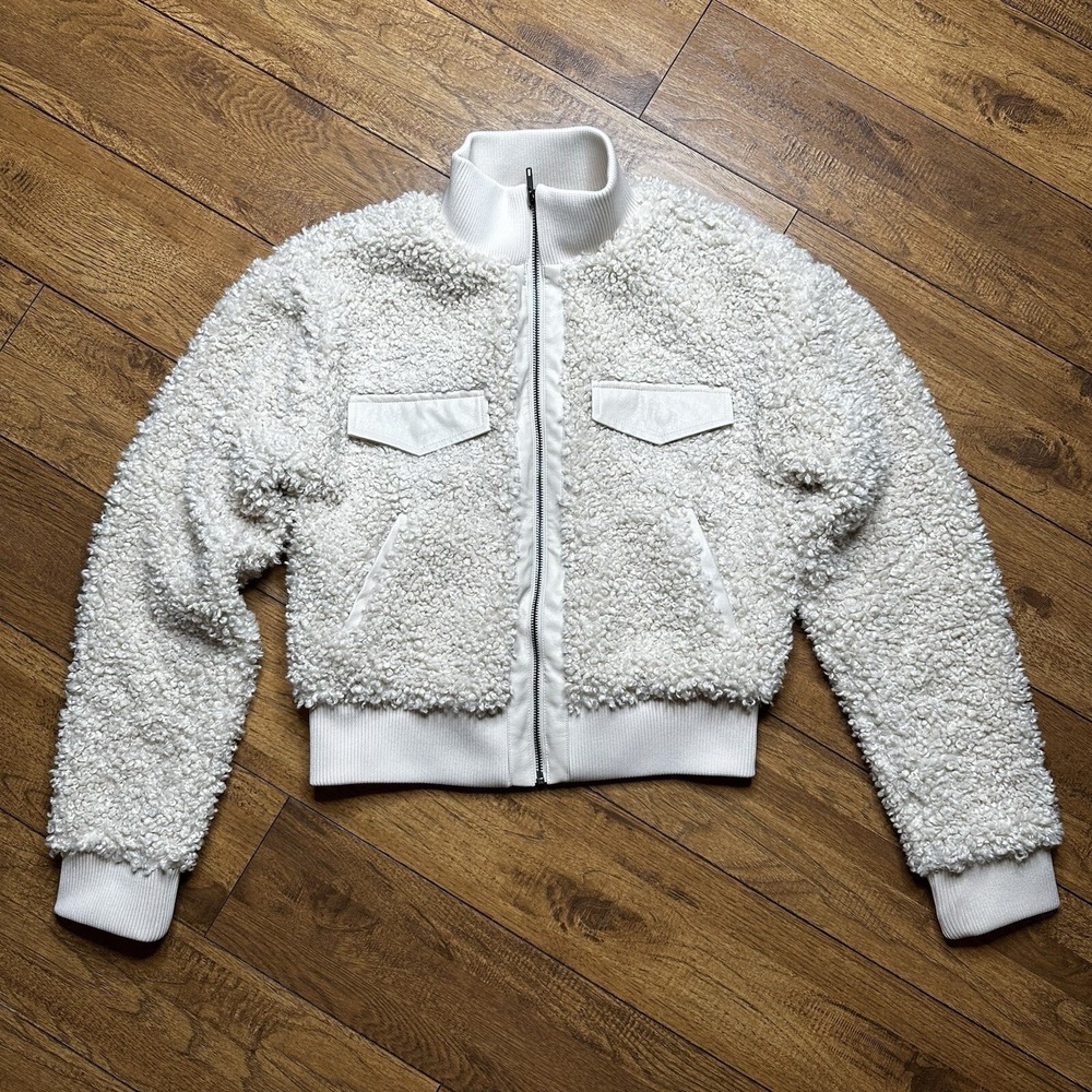 Express x Negin Mirsalehi Cream Faux Fur Sherpa Bomber Jacket Small Zip Up